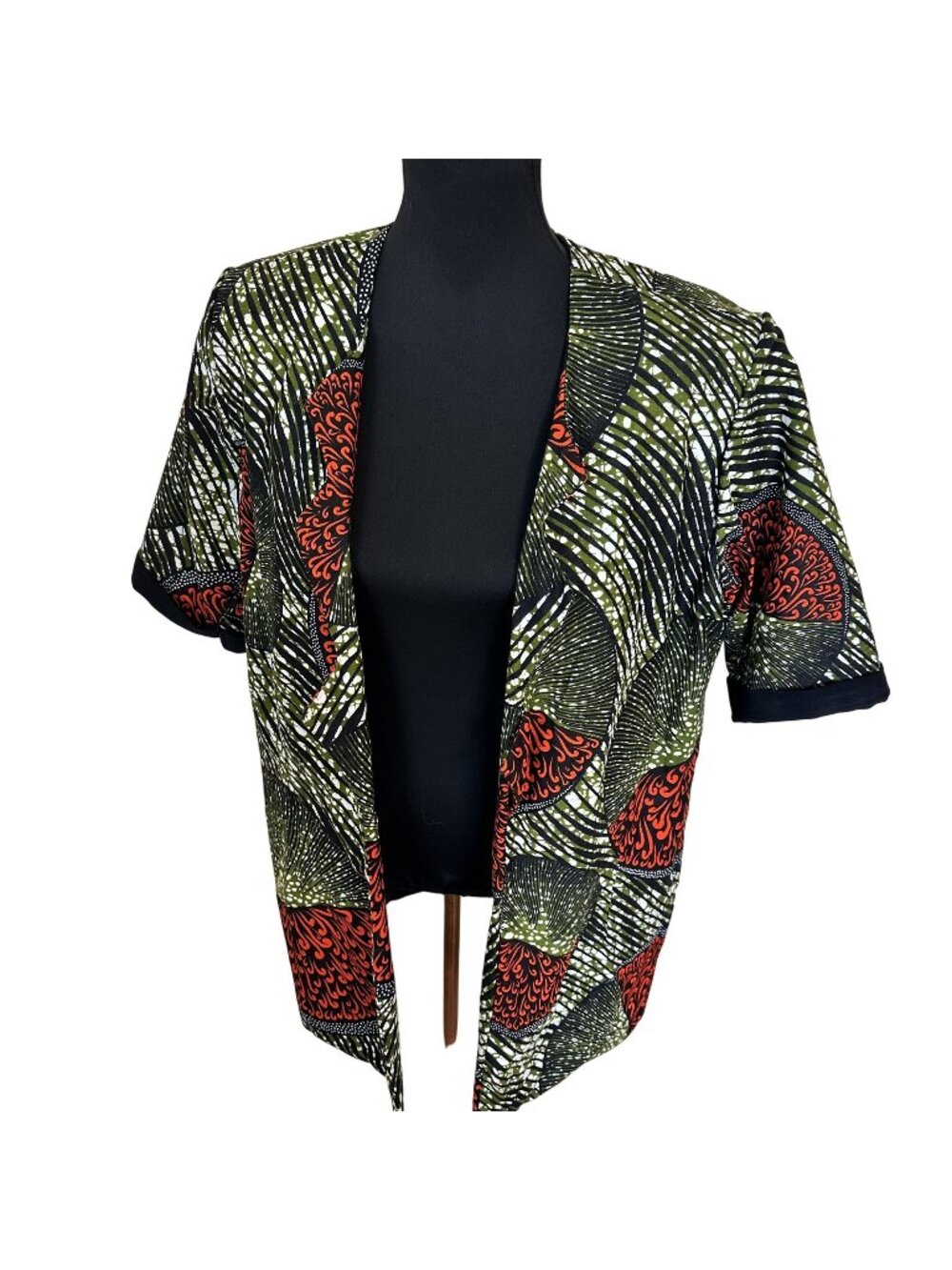 Womens African Print Open Front Cardigan Top Cotton Green Geometric XL Tribal